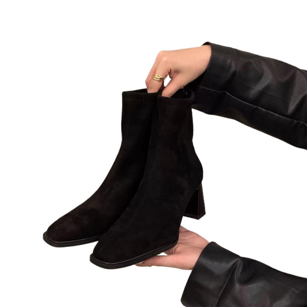Thick-soled Martin Boots Women's 2025 Winter New Thick-heeled Square-headed Velvet Short Boots Korean High-heeled Thin Small Bare Boots