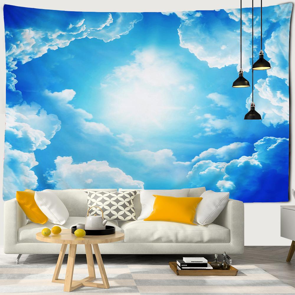 Landscape Tapestry Wall Hanging Sunny Scenery Blue Sky Love Heart Cloud Pigeon Beach Wall Tapestry Backdrop Wall Cloth Tapestry