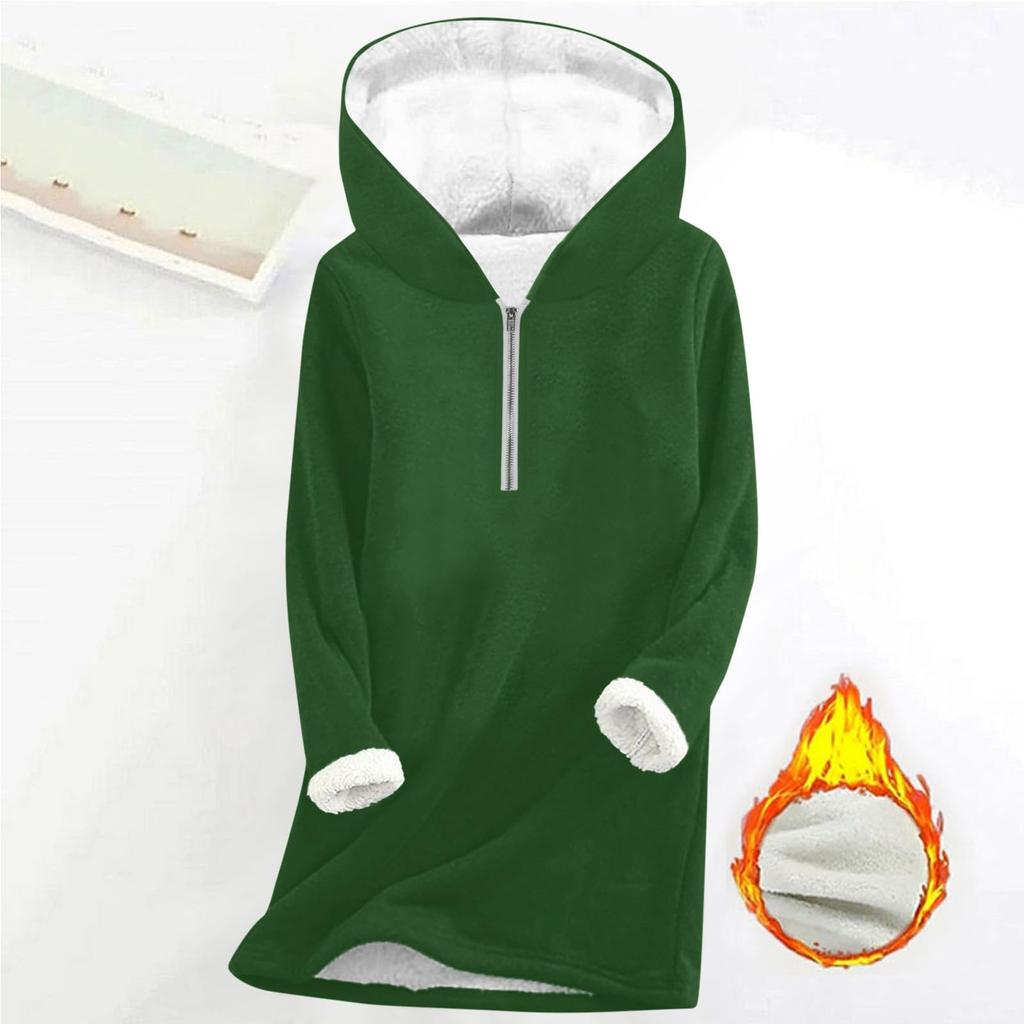 Fashionable women's fleece hooded solid color zipper long-sleeved top
