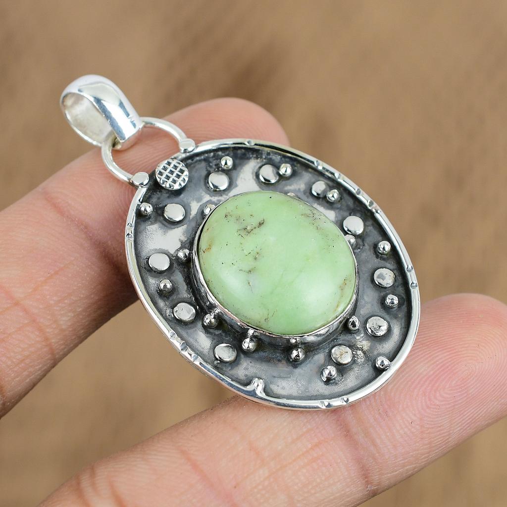 Pendentif en Pierre Précieuse Chrysoprase Brésilienne Naturelle Vert Argent Sterling 925 Bijou