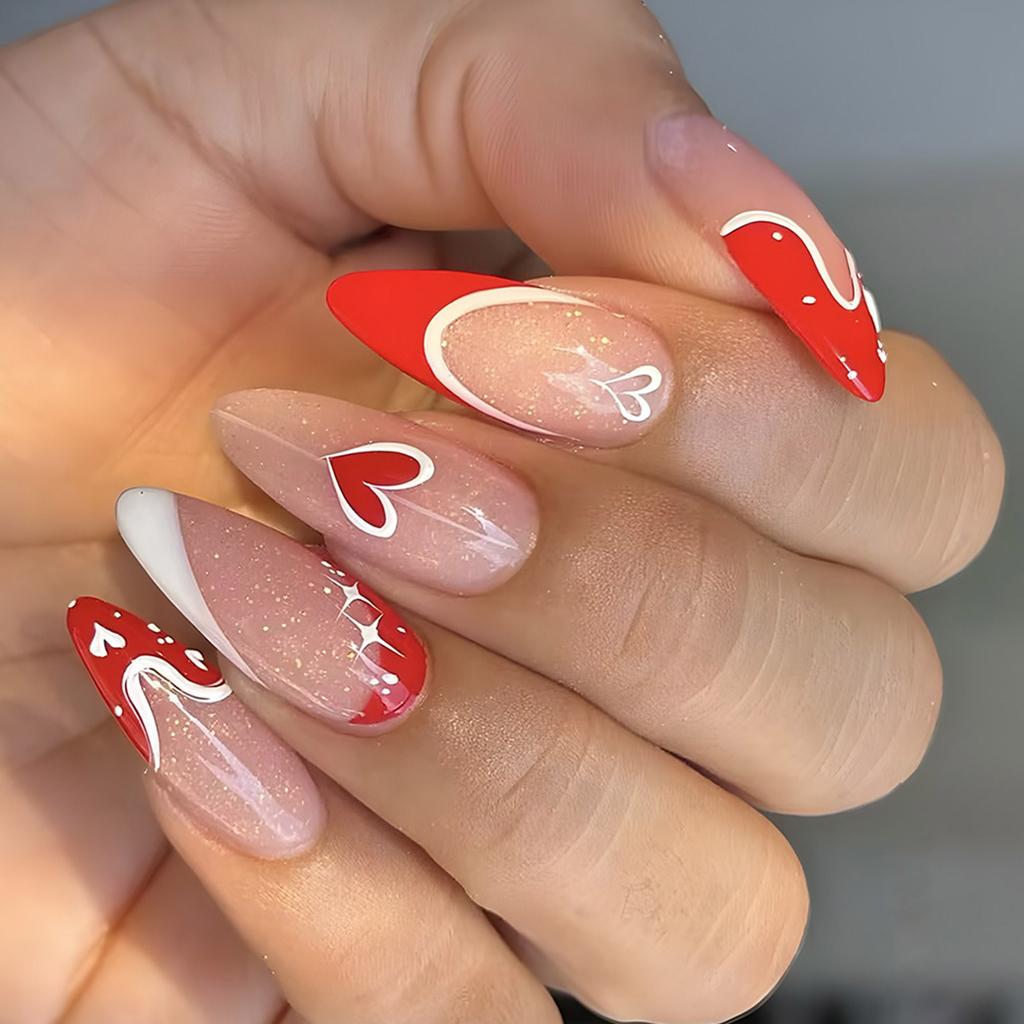 24 Stück Valentinstag Französische Falsche Nägel Lang Mandel Vollständige Abdeckung Künstliche Nägel Glänzend Aufkleben Nagel mit Herzdesign