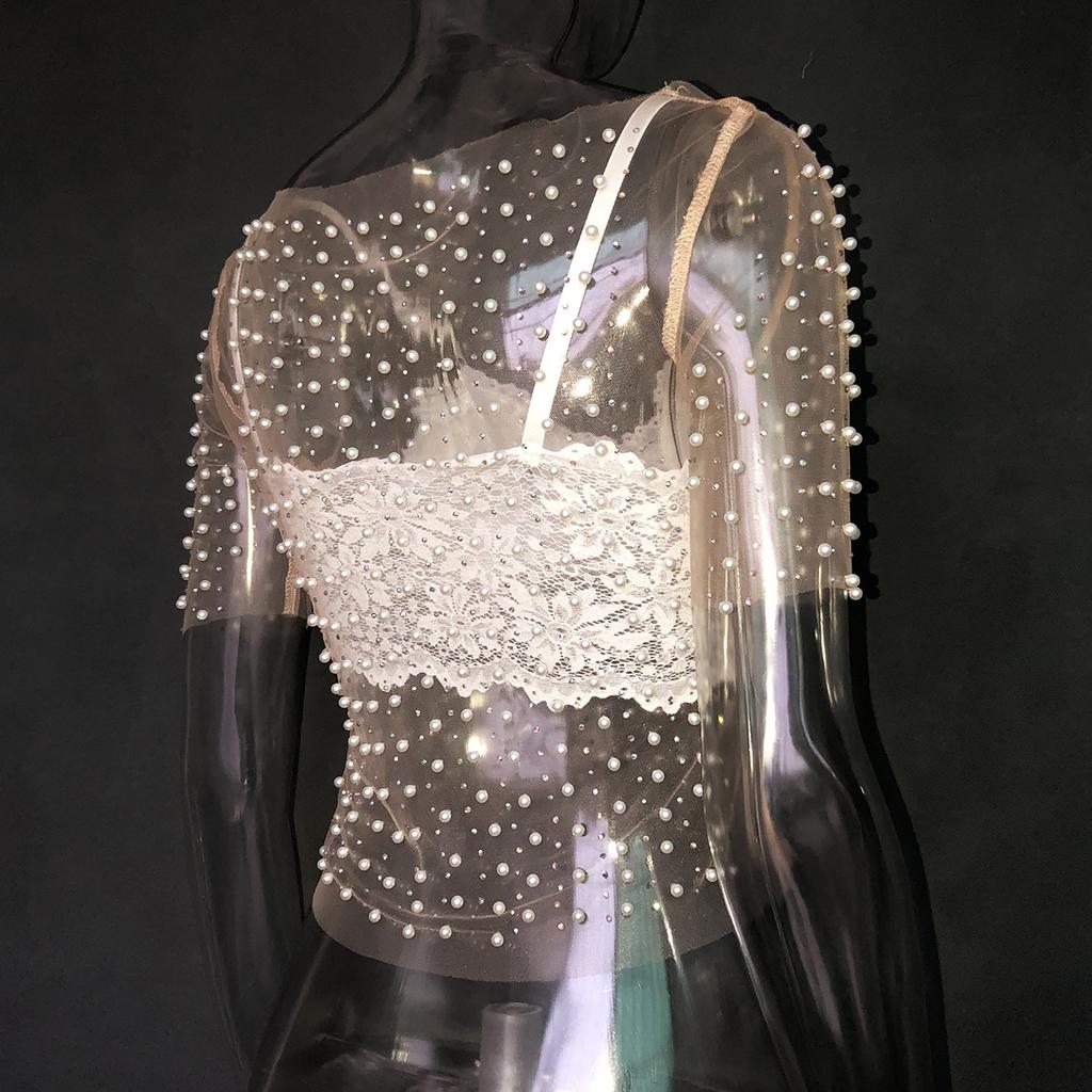Sexy, durchsichtiges Spitzenoberteil mit glänzendem Diamantnetz für Damen, kurzärmlig