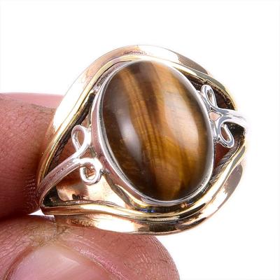 Natural Tiger's Eye Gemstone 925 Solid Silver Jewelry Two Tone Ring S.7.5US o0R06