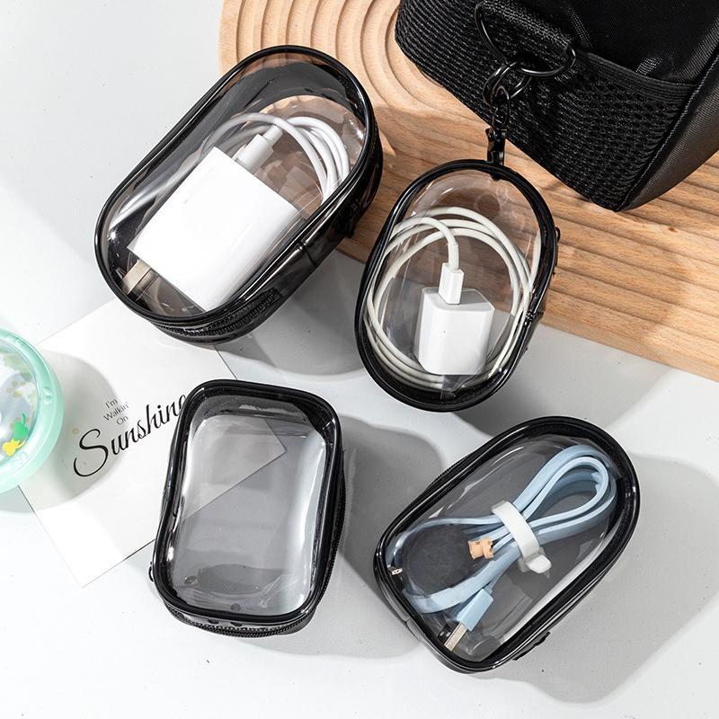 Portable Mini Transparent Charging Cable Storage Bag with Zipper for Storage Gift Bags Doll Display Storage Bag with Keychain