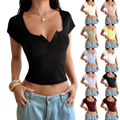 Camisetas Para Mujer Plisadas Cuello en V Vestir Casual Blusas Estampado Manga Corta Tops de Verano Ajuste Holgado
