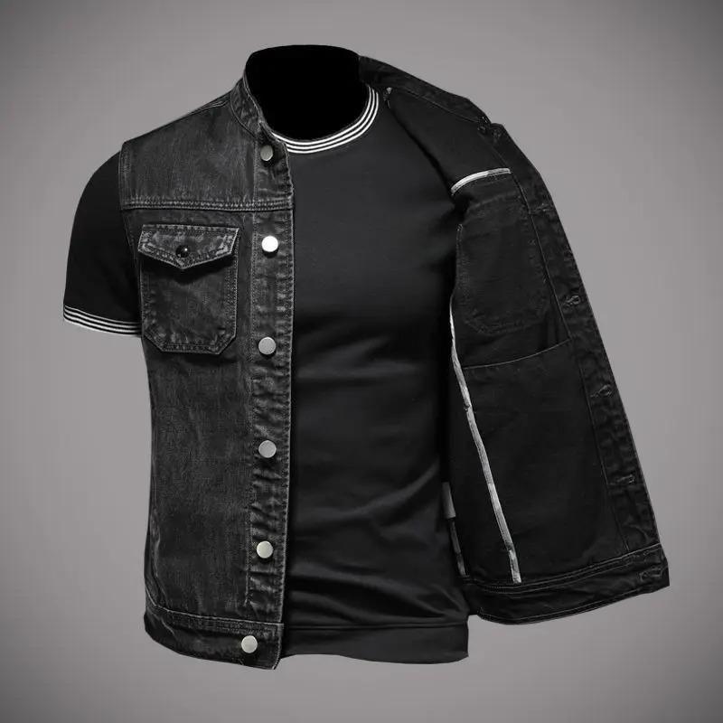 European Station Motorcycle Denim Vest Men's Sleeveless Denim Jacket Fashion Trend Men's Jacket Slim Jacket