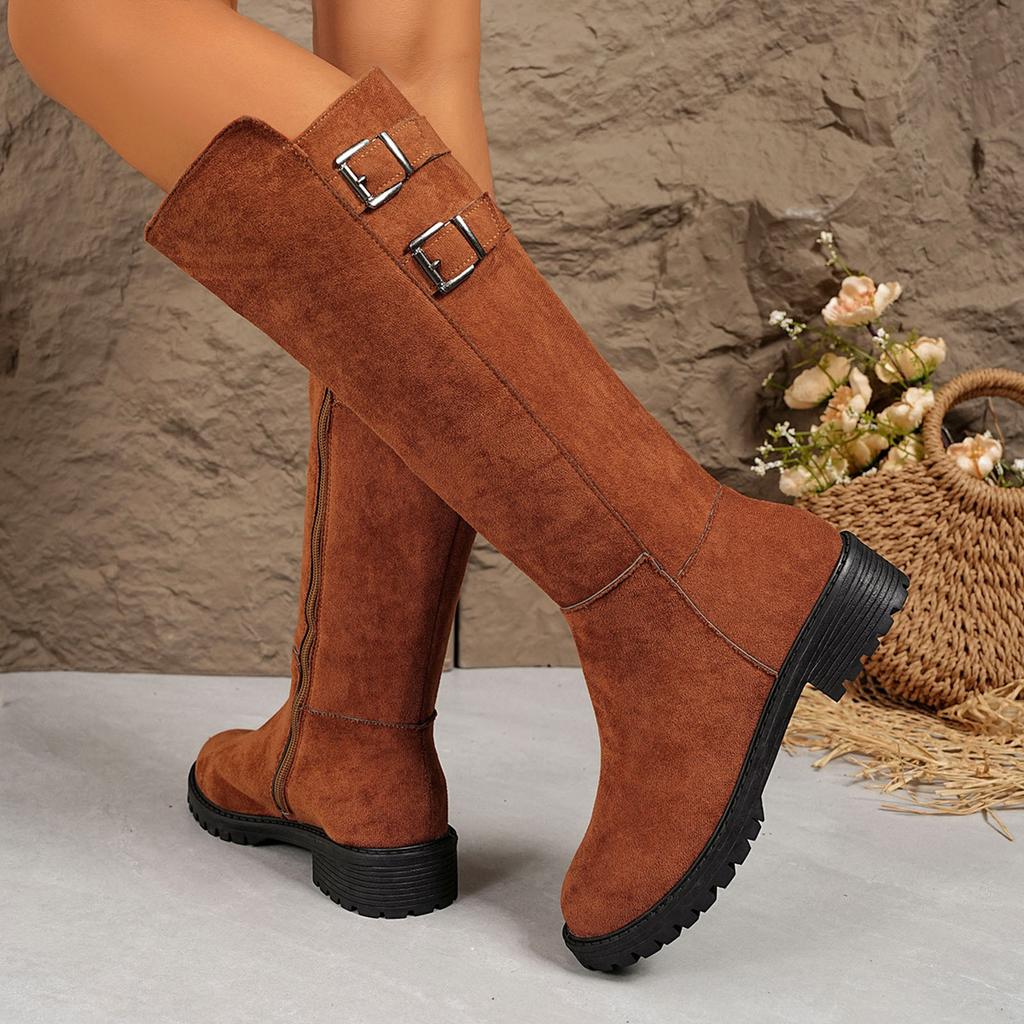 Stivali Lunghi da Donna con Suola Spessa, Punta Tonda, in Pelle Scamosciata, alla Moda e Casual, con Zip Laterale, fino al Ginocchio, Taglia 8