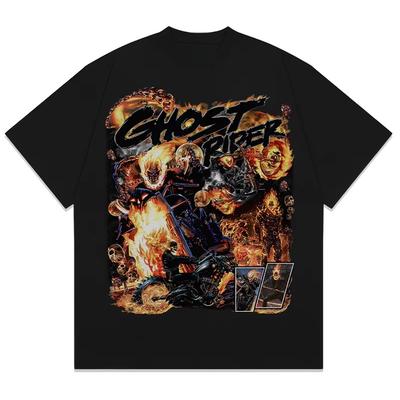 חולצת טי מודפסת קומיקס צבועה ביד של Ghost Rider מארוול קיץ חדש לגברים ונשים מידות גדולות טרנד רפויה קז'ואלית עם שרוולים קצרים