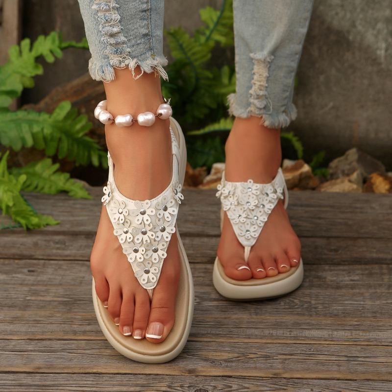 Women's Fashion Bohemian Style Flowers Clip-toe Sandals Thick-soled Flip Flops Womens Wedge Open Toe Beach Comfort Roman Sandals