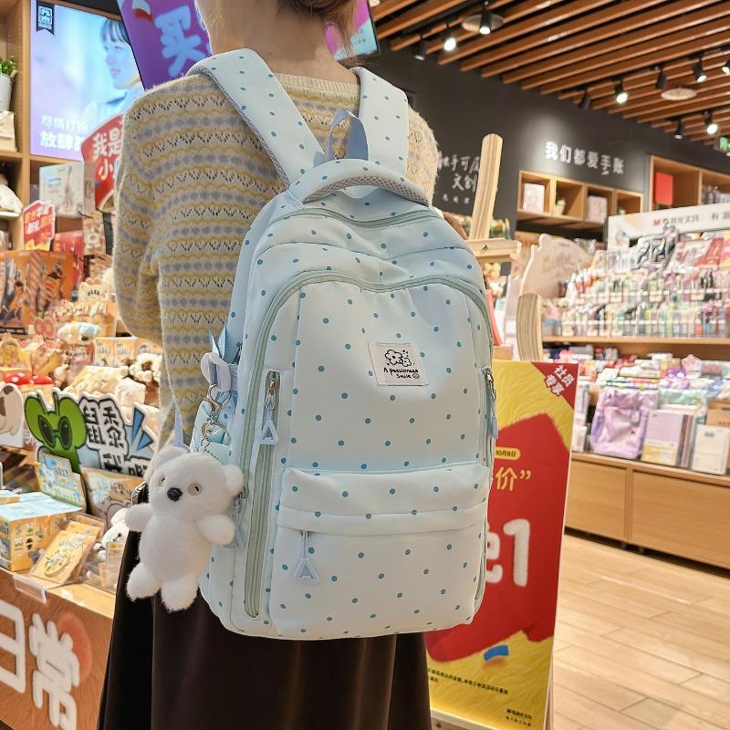 Einfacher Nylon-Rucksack mit Polka-Dots, niedliches Design, lässiger Schülerrucksack mit großem Fassungsvermögen und mehreren Fächern, geeignet für den täglichen Gebrauch und die Schule.