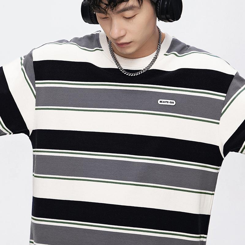 Main Striped Couples T-shirts for Men and Women Summer Loose Contrast Color Short Sleeve Shirt for Unisex