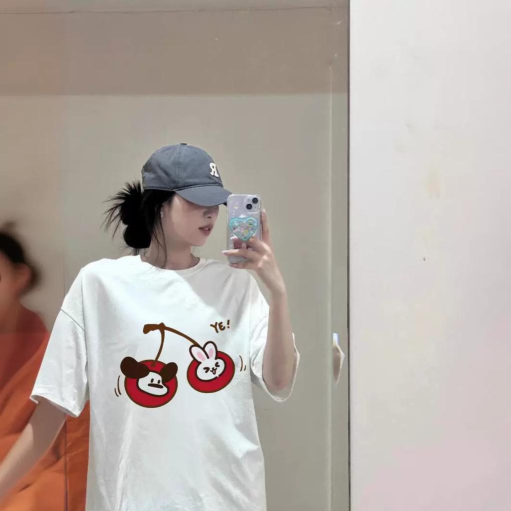 Cartoon Printed Cotton Short-sleeved T-shirt Women's Summer New American Casual Ns Loose and Versatile White Top