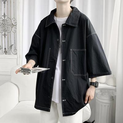 Men's Trendy Summer Short-Sleeve Shirt, Hong Kong & Japanese Style, Loose Fit, Lightweight, 3/4 Sleeve.