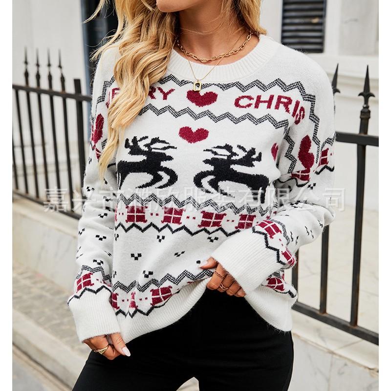 Womens Winter Knit Sweater With Deer Motif Heart Loose Fit Christmas Pullover In White