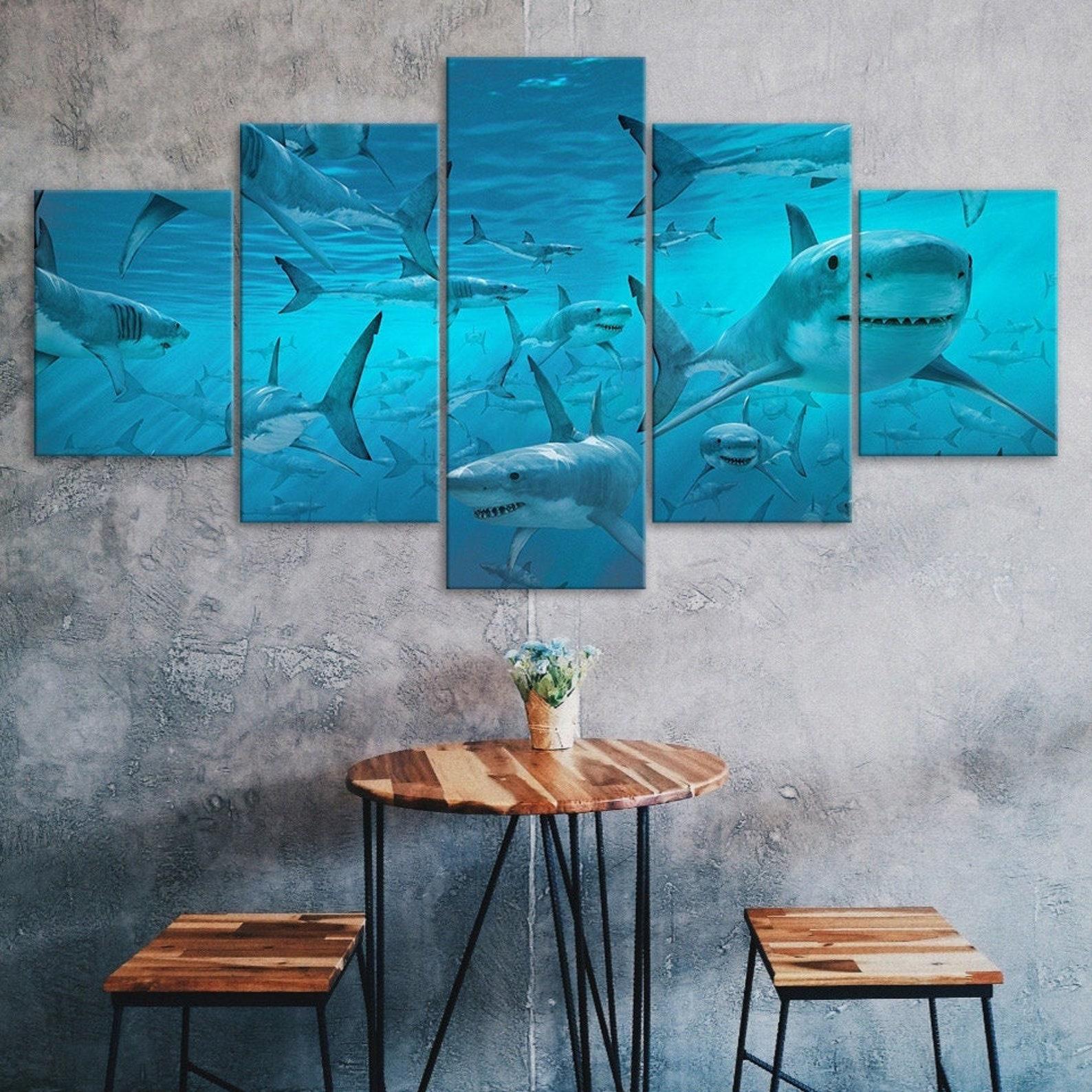 

Group Of Sharks Deep Blue Sea 5 Piece Five Panel Wall Canvas Print Modern Art Poster Picture Home Decor Gift For Him For Her 20X35 20X45 20X55CM