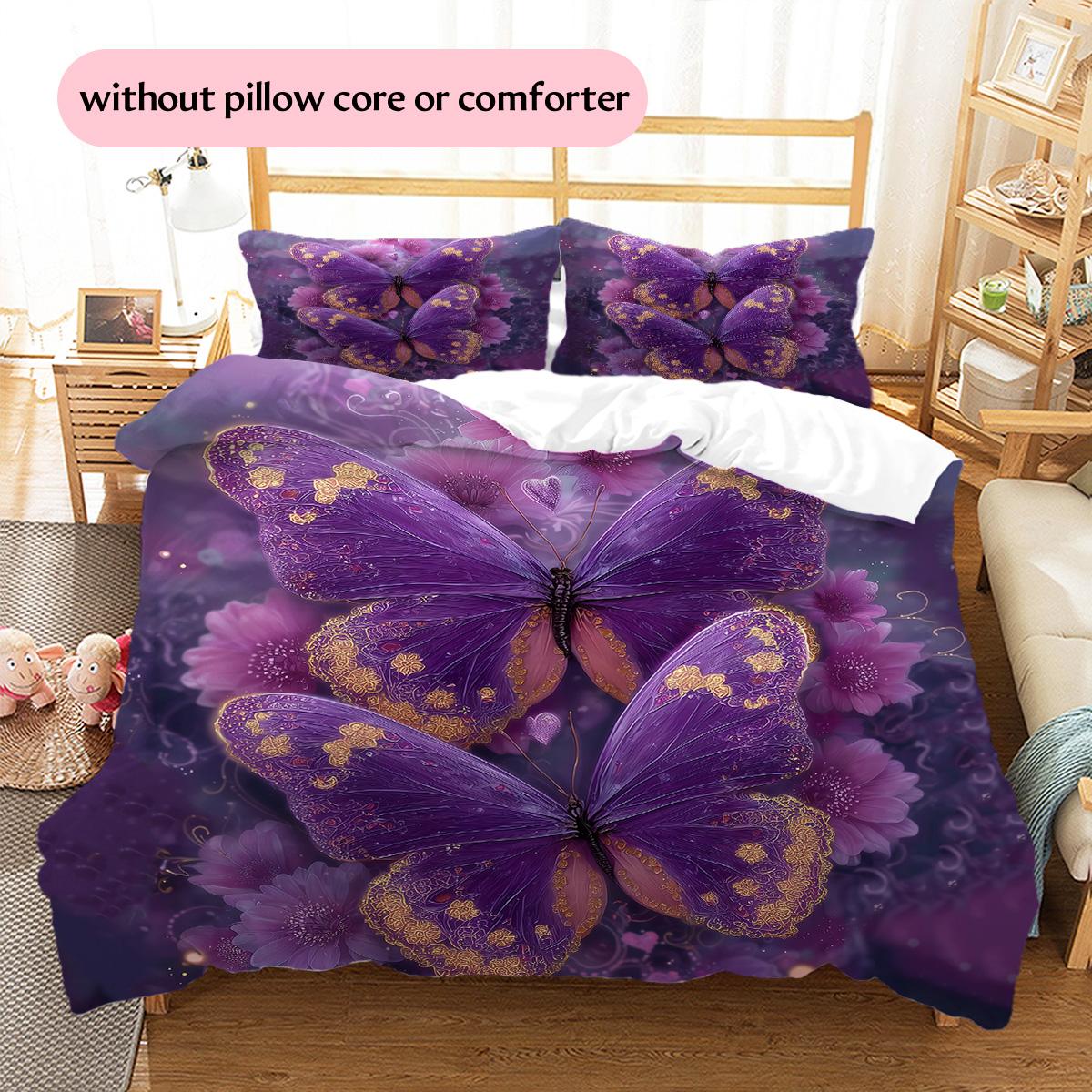 Purple Flower Butterfly  Pattern Bedding Quilt Set Quilt Cover Pillowcase Home Decoration  Gift (1 * duvet cover + 2 * pillowcase, without core) 135x200cm