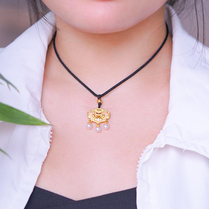 Summer Ruyi Lock Lotus Imitation Pearl Braided Rope Necklace Pendant