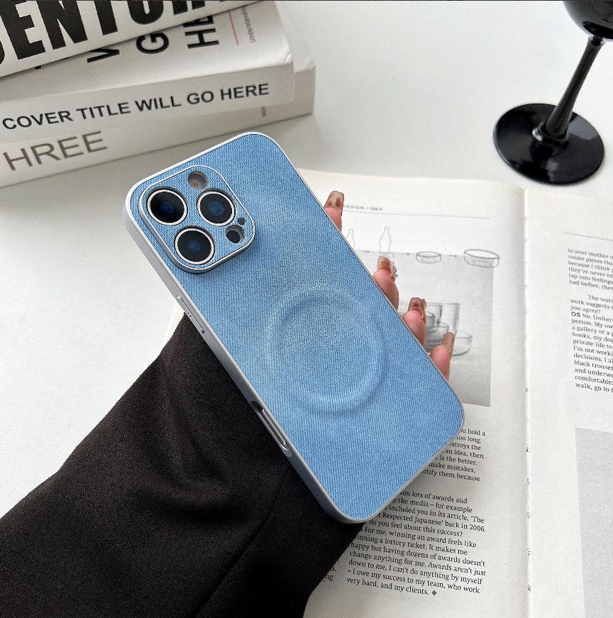

Electroplated Silver Magnetic Denim Case for iPhone 15/14/16 Pro Max and Apple 17 Air. 17 Pro