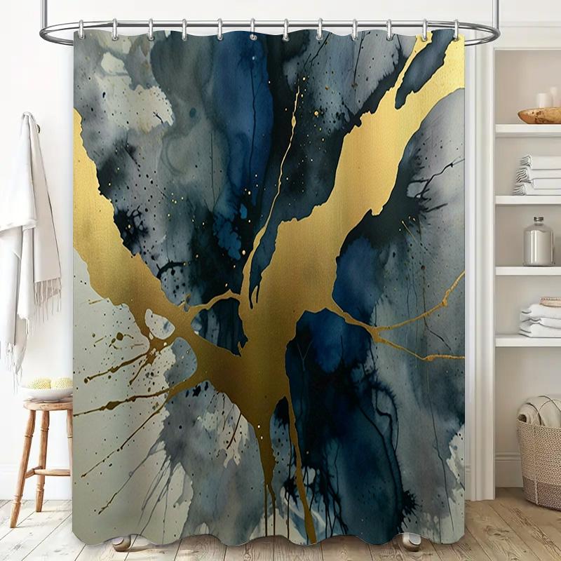 Artistic Blue Gold Shower Curtain Watercolor Decorative Shower Room Liner for Bathroom Waterproof Fabric Home Decoration