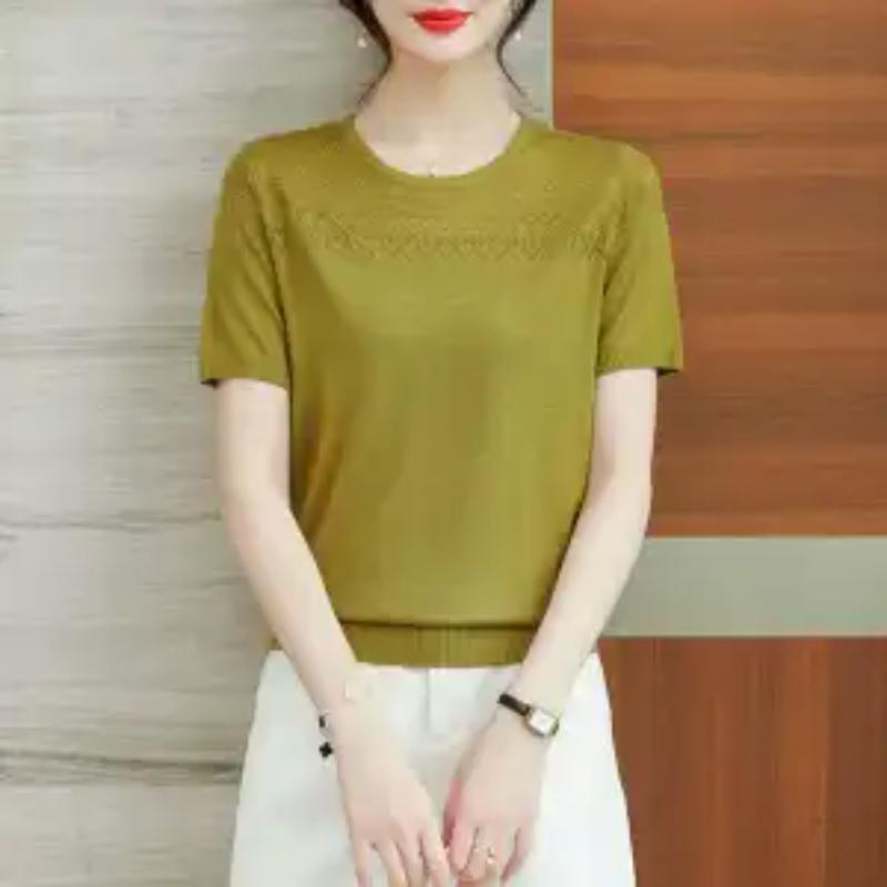 Women's Crew Neck Knitted T-Shirt Casual Short Sleeve Hollow Out Texture Summer Top
