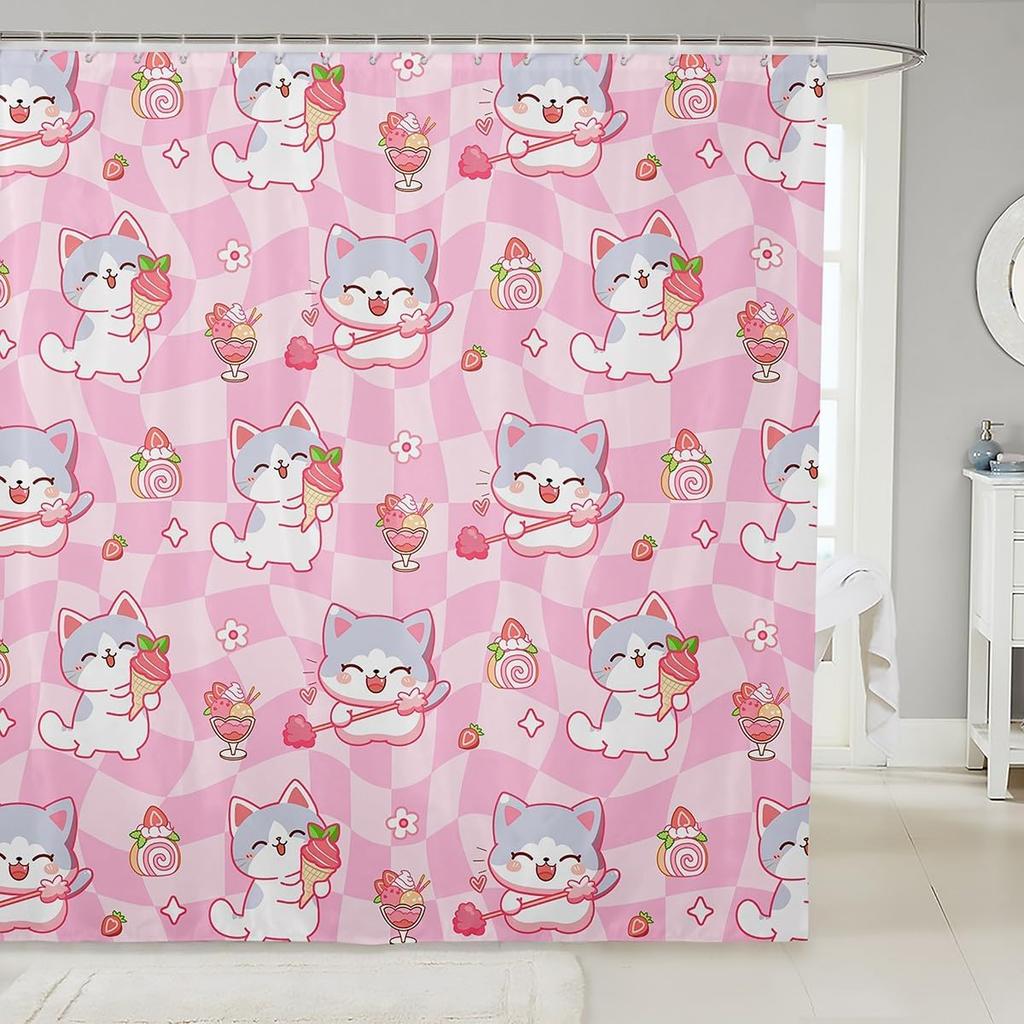 Kawaii Cat Shower Curtains,Cute Pets Animal Bathroom Curtain Girls Boys Teens Adult Room Decor,Pink Bowknot Heart Waterproof