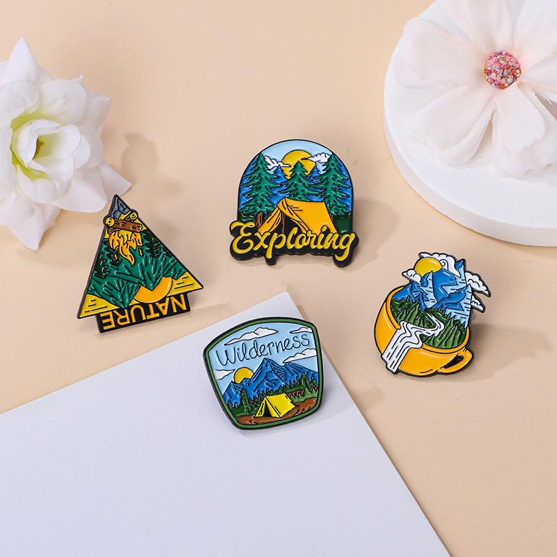 4 Styles Funny Valley Camping Series Enamel Brooches Exploring Wildness Nature Tent Lapel Pins Outdoors Badge