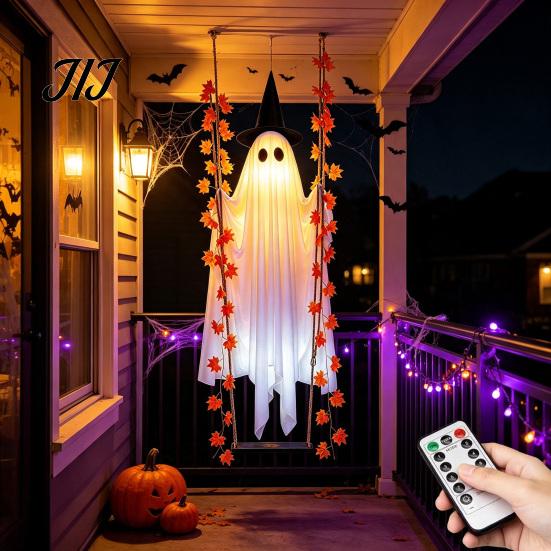 Hängendes Gespenst mit Lichtern Schaukel Halloween-Dekoration Ahornblatt, Leuchtendes Ornament Gartenatmosphäre Höhenverstellbare Schaukel, Timer, Fernbedienung für Vorne
