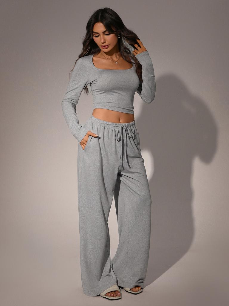 Autumn Casual Long Pants Set Square Neck Long Sleeve Short Top Women Sportswear