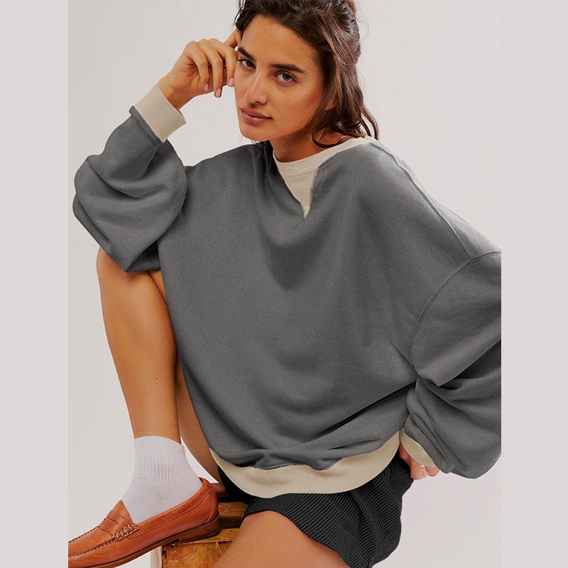 Casual Loose Contrast Sweatshirts Women Long Sleeved Round Neck Patchwork Hoodie Spring Autumn Street Style Pullover