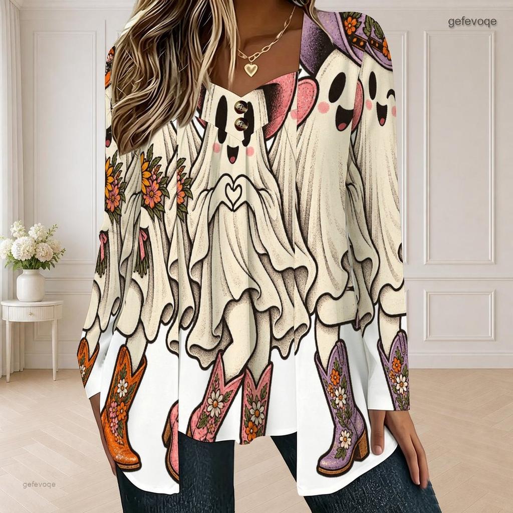 Women Plus Size Square Neck Long Sleeve Faux Two Piece Printed T Shirt Halloween Teddy Bear Pumpkin White