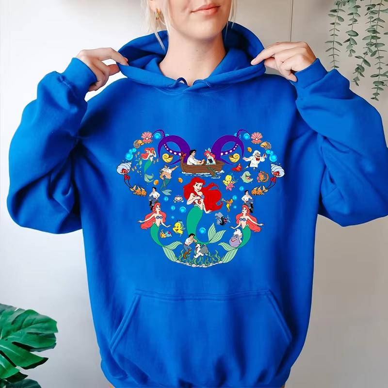 Disney Parent-child Outfits for Girls, Little Mermaid Printed Women's Multi-color Hoodie, Casual Sportswear, Loose Top