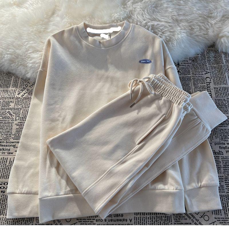 

Костюм для упражнений из чистого хлопка, удобный, модный, повседневный, женский, весенне-осенний, свободного кроя, новый, комплект из двух предметов: толстовка с круглым вырезом и спортивные штаны Beige(Pure Cotton Suit) XXL