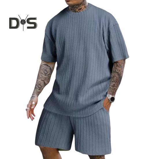 2Pcs/Set Men Sports Suit O-Neck Short Sleeve T-shirt Elastic Waist Wide Leg Shorts with Pockets Set Jacquard Texture Running Wear