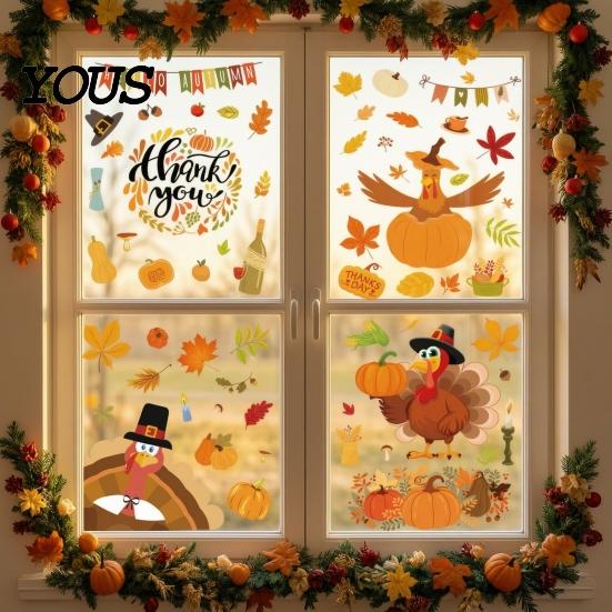 Fall Window Decoration Supplies 4 Sheets Thanksgiving Static Stickers, Decorative Vinyl Decals, Autumn Turkey Harvest Festival Art Maple Leaves