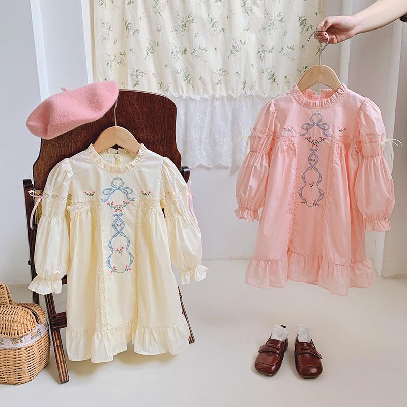 Girls Spring Cotton Princess Dress With Embroidered Lace Puff Sleeves Elegant Kids Party Gown For Little And Big Girls