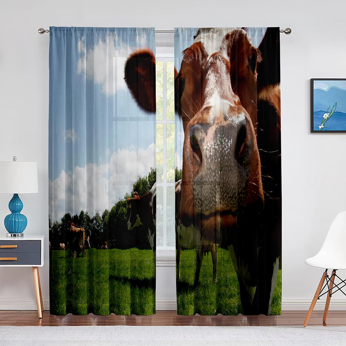 

Тюлевые шторы «Молочная корова», пастбище, луг, для гостиной, украшения для спальни, прозрачная вуаль, оконные шторы, вечерние шторы 1 PCS W100XH250cm&Grommet Top