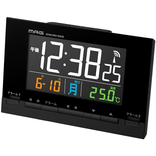 

MAG Alarm Clock, Digital, Radio-Controlled, AC Powered, Color LCD, Illuminated, Brightness Adjustable, Easy-to-Read, Thermometer, Calendar, Electronic