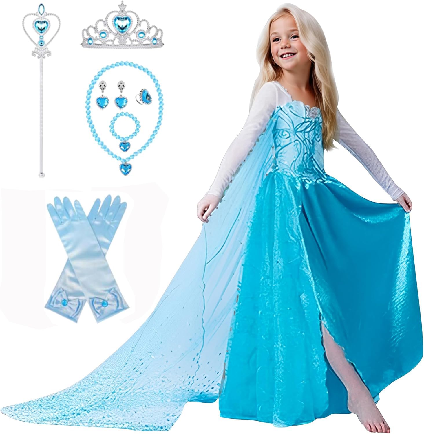 [YITING] Children s Princess Elsa Dress Costume - Frozen Deluxe 7-Piece Set - Ice Blue (Princess Dress, Heart Tiara, Magic Wand, Gloves, Necklace,