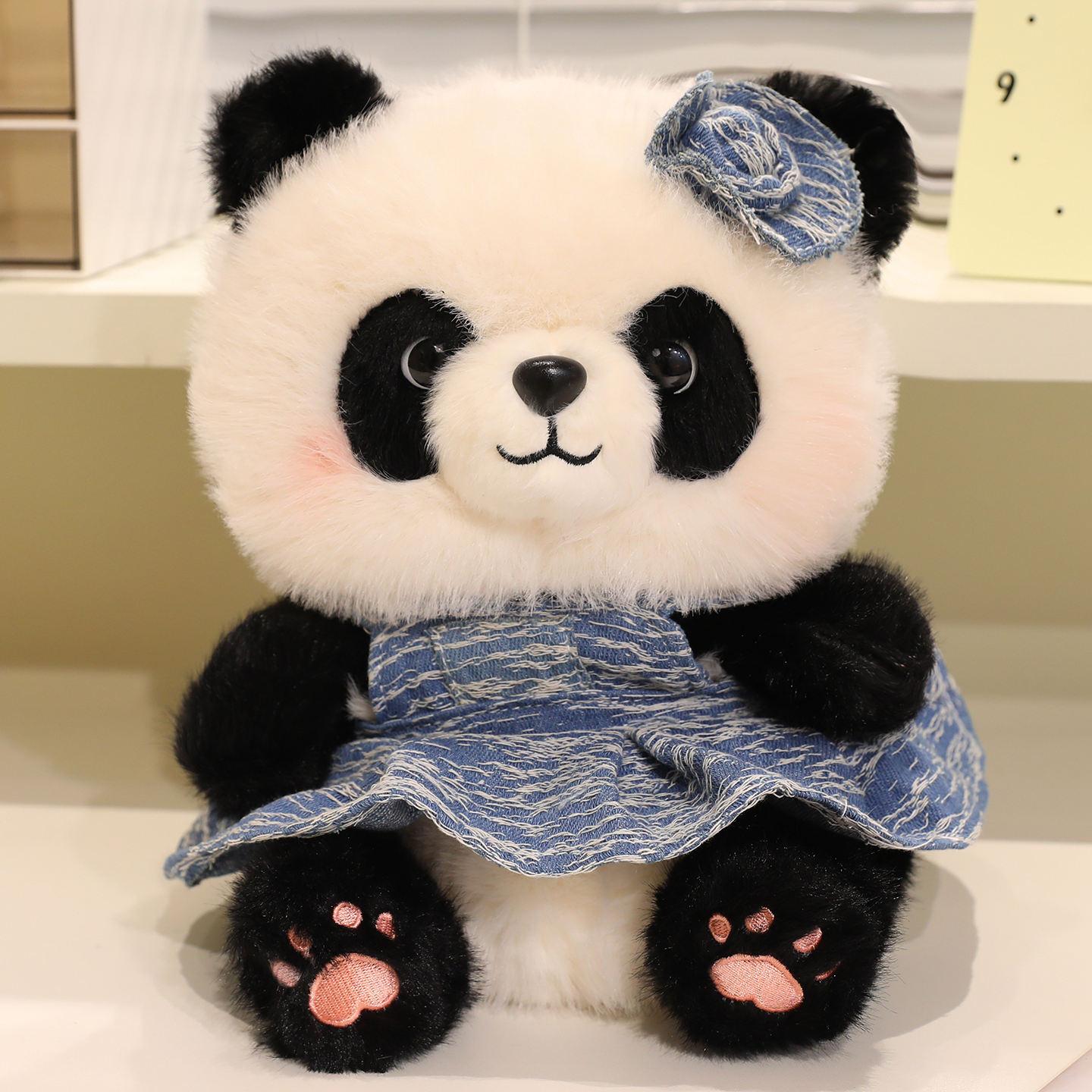 

Cute cute denim skirt panda doll plush toy zoo black and white panda doll children s doll doll 28cm（0.5kg）