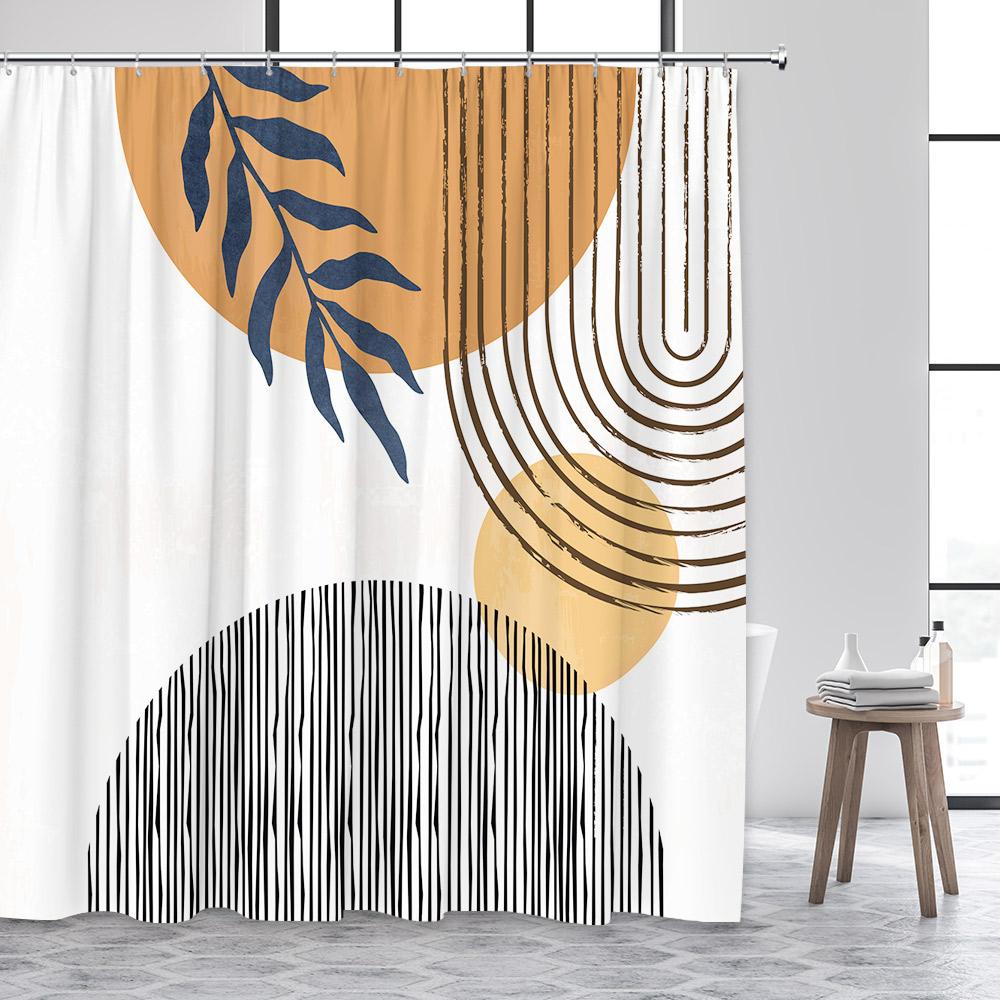 Mid Century Shower Curtains Watercolor Green Leaves Black Line Creative Geometric Modern Bathroom Curtain Polyester Decor