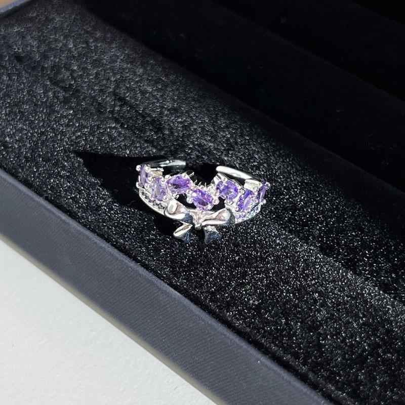 

2026 Sweet and Cool Atmosphere Stacking Design Purple Dream Broken Diamond Bow Swan Ring Femininity Light Luxury Trendy Accessories Resizable