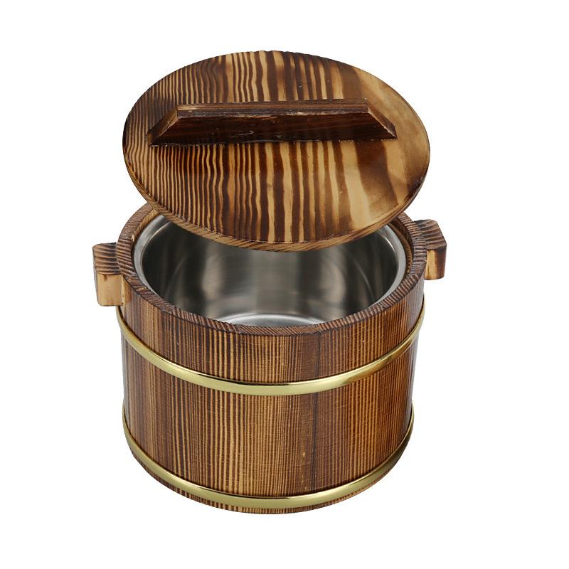 Wooden Rice Bucket with Lid: Insulated Serving Bowl and Spoon for Dining Table