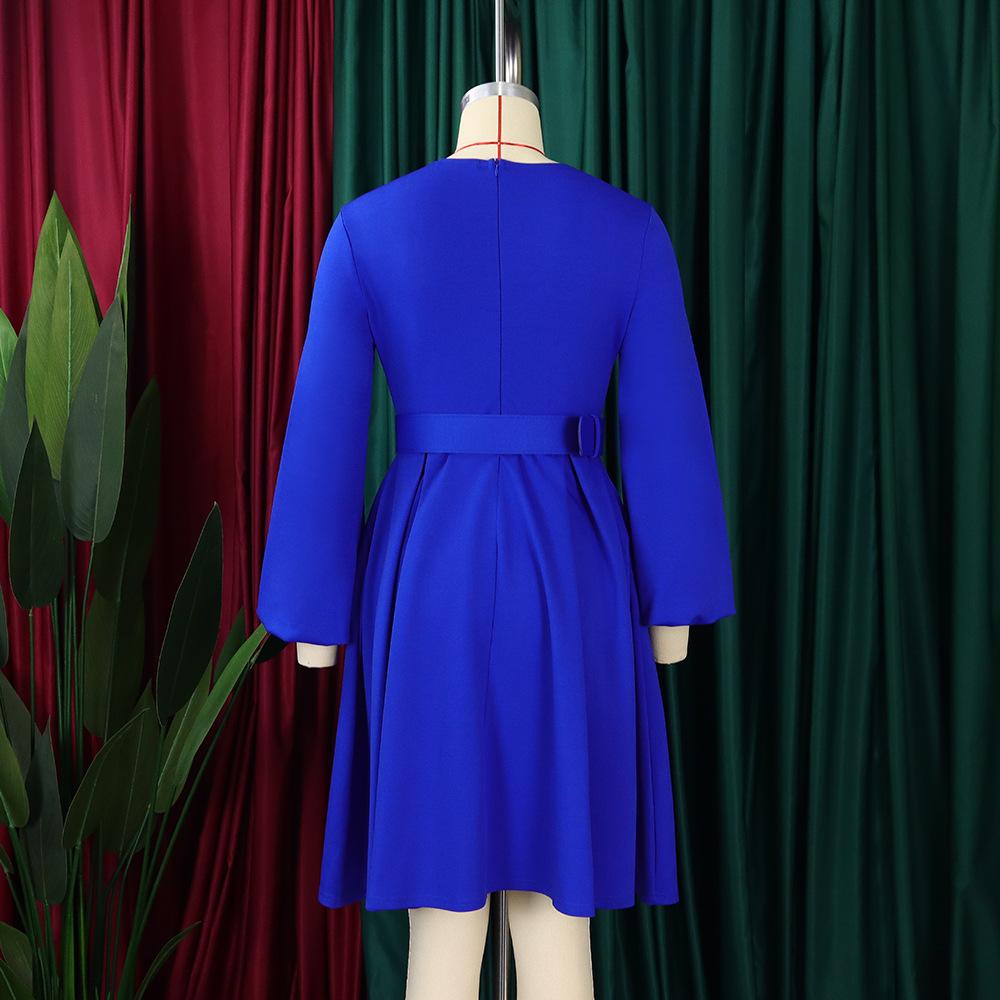 YYFS Dámská móda Jaro Podzim Jednobarevný potisk Neformální šaty s dlouhým rukávem do O-výstřihu a vysokým pasem