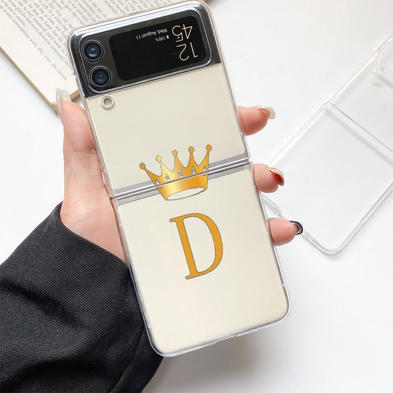 Crown Letter A To b Fashion Phone Case For Samsung Galaxy Z Flip 3 4 5 6 7 Hard Folding Z Flip4 Clear PC Cover Protector Gift