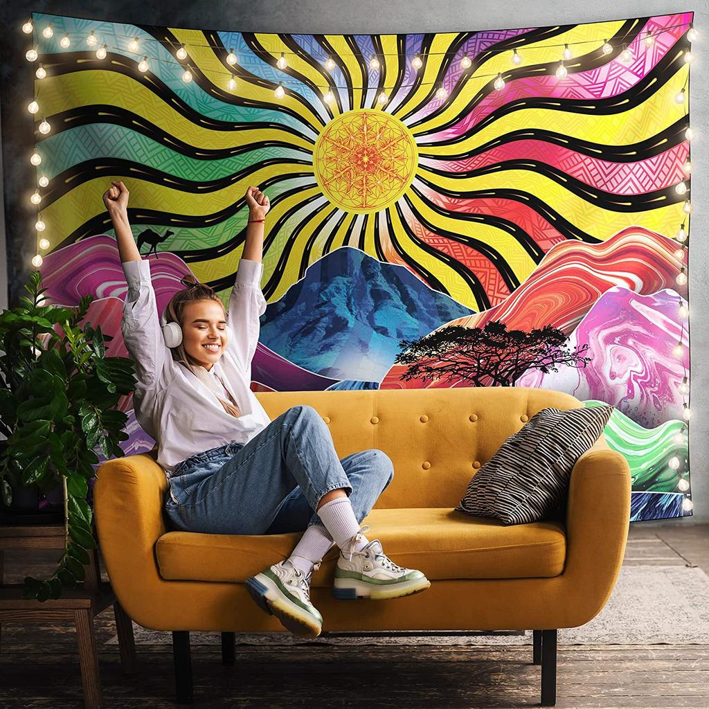 Psychedelic Tapestry Sun Mountain River Wall Painting Room Decoration Cloth Living Room Background Cloth Hippie Hanging Cloth