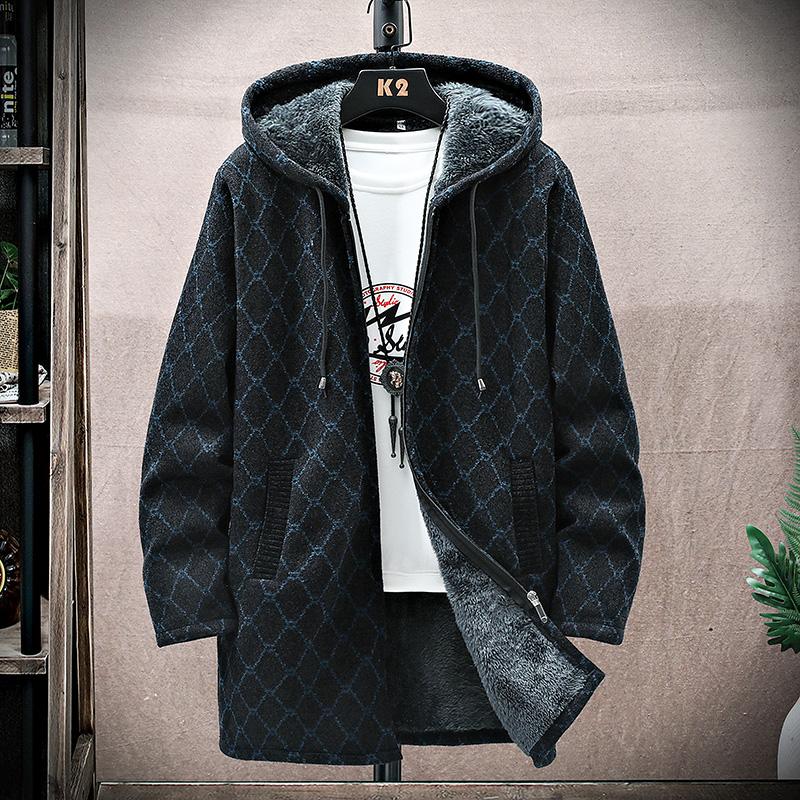

Мужской длинный кардиган, вязаный свитер с капюшоном, пальто, зимний теплый толстый клетчатый, вышивка, на молнии, на флисовой подкладке, длинная куртка, мужская одежда XXXL чёрный