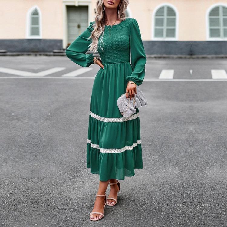 Elegante Vestido Largo para Mujer Cintura Alta Color Sólido Cuello O Manga Larga Otoño Invierno