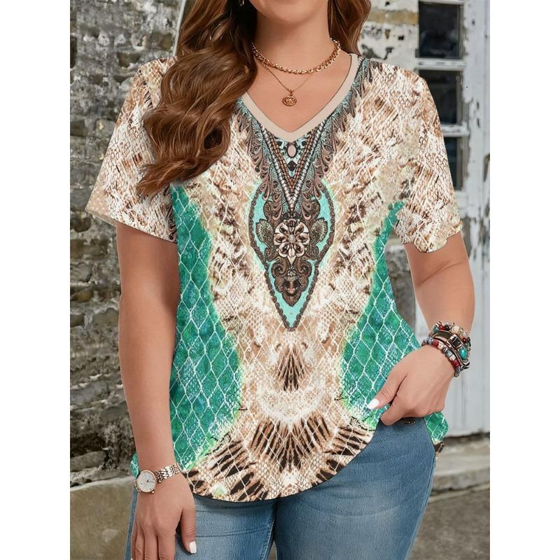 Summer Ethnic Style Floral 3D Print T-Shirts Women's V-Neck Short Sleeve T Shirt Y2k Harajuku Tees Casual Tops Female Clothing