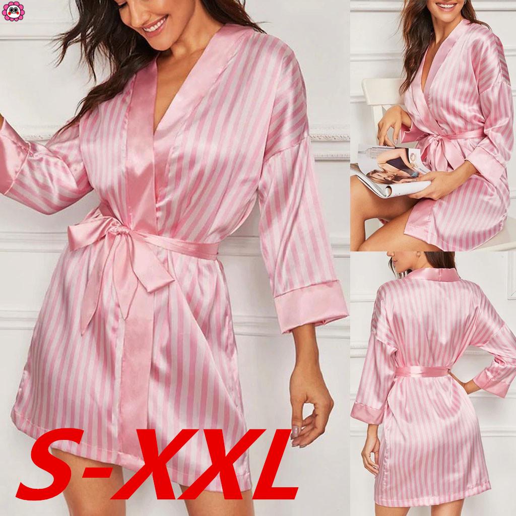 Buy Plus Size Sexy Lingerie Women Silk Stripe Robe Satin Bathrobe Sleepwear Pajamas at