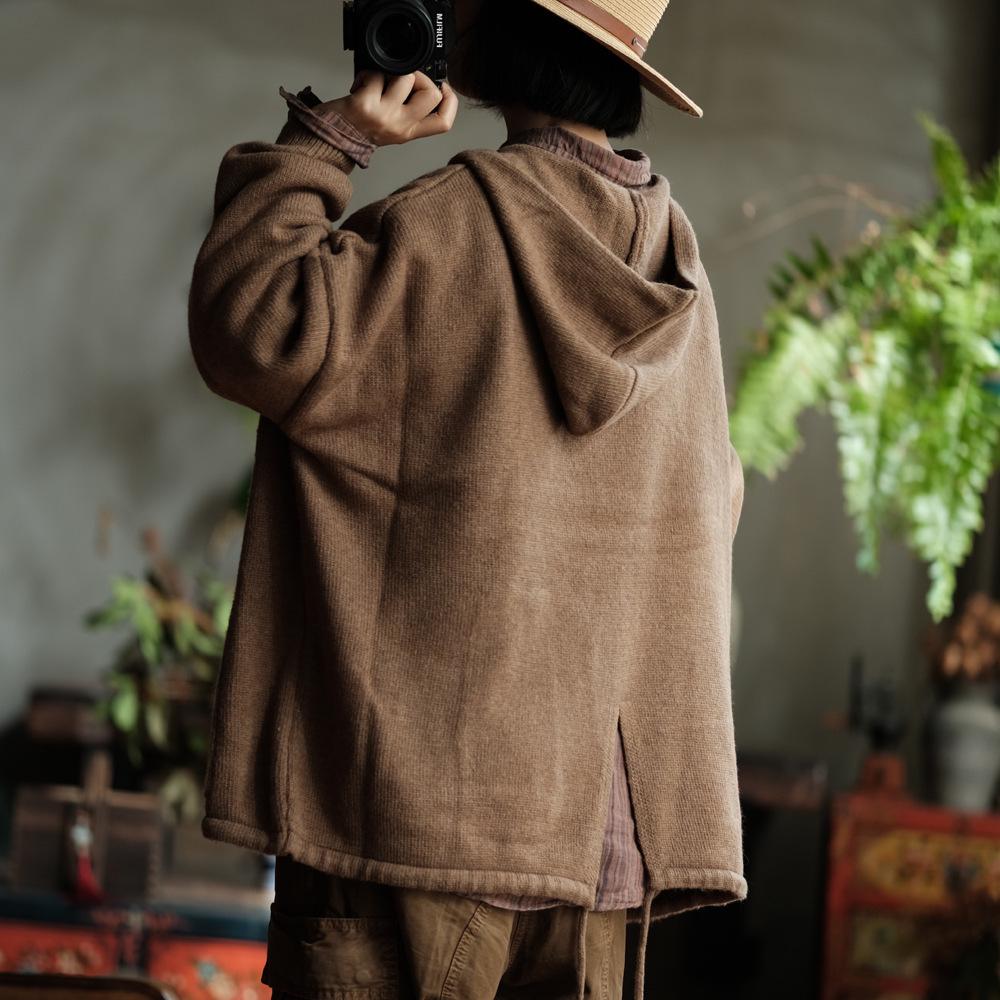 Khaki Wool V-neck Hooded Sweater - Retro Literary Style